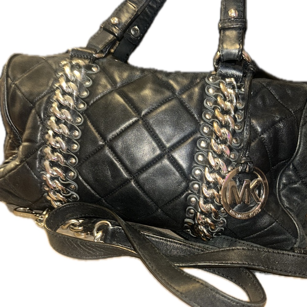 Michael Kors Black Quilted Leather Shoulder Satchel with Chain Trim - Picture 6 of 7
